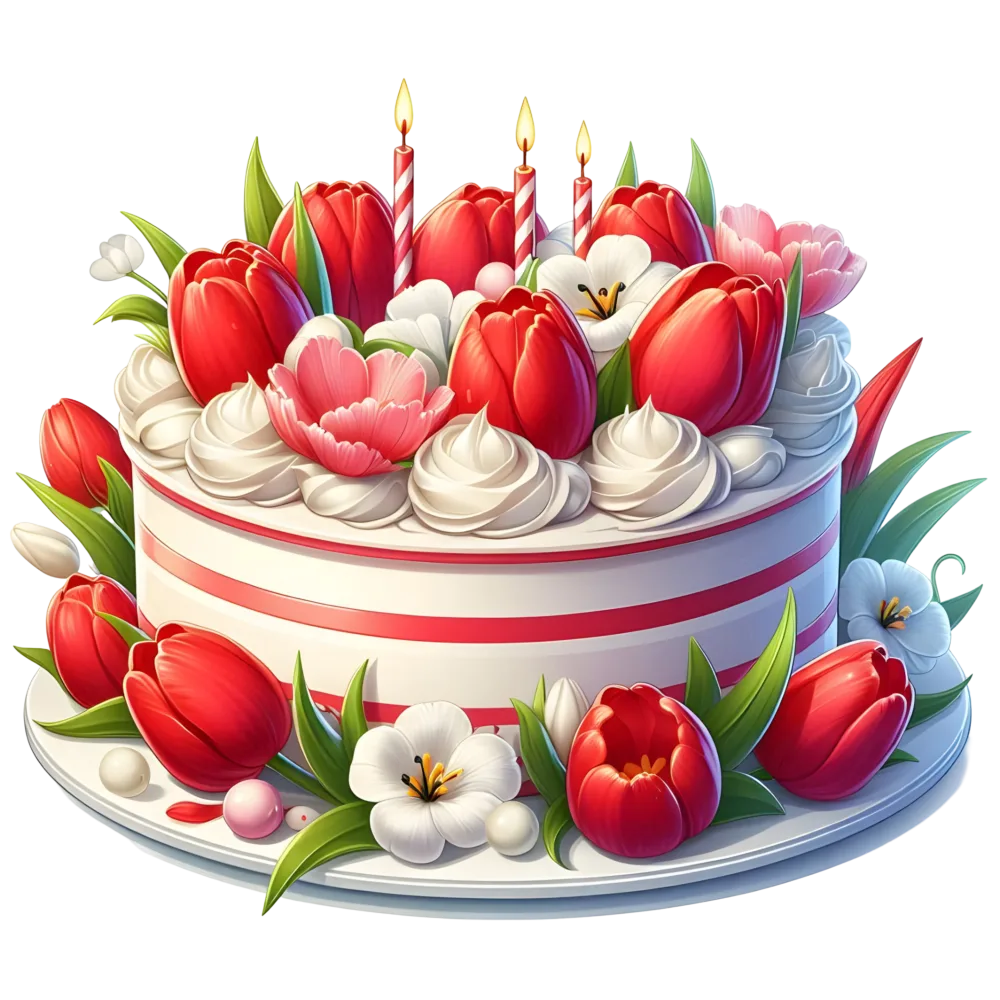 Birthday Cake Decorated with Red Tulips and Candles