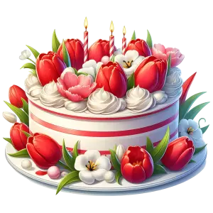 Birthday Cake Decorated with Red Tulips and Candles