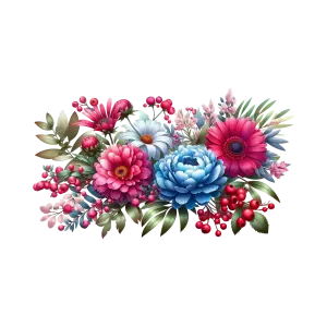 Colorful Bouquet of Blue, Pink, and White Flowers with Red Berries