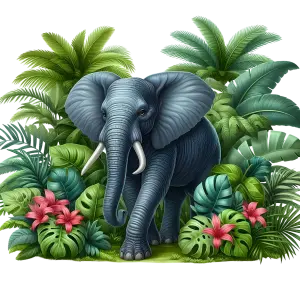Elephant in Lush Tropical Jungle with Green Leaves and Pink Flowers