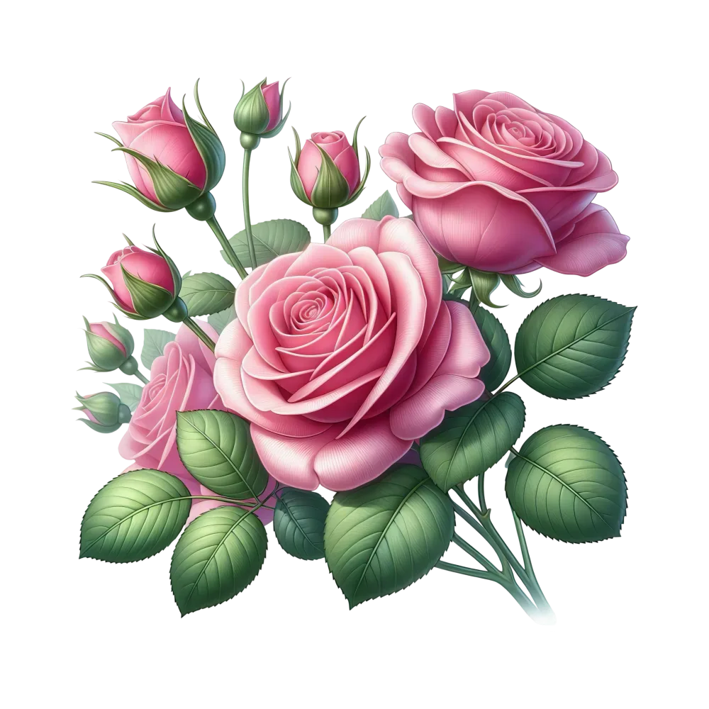 Cluster of Pink Roses with Green Leaves