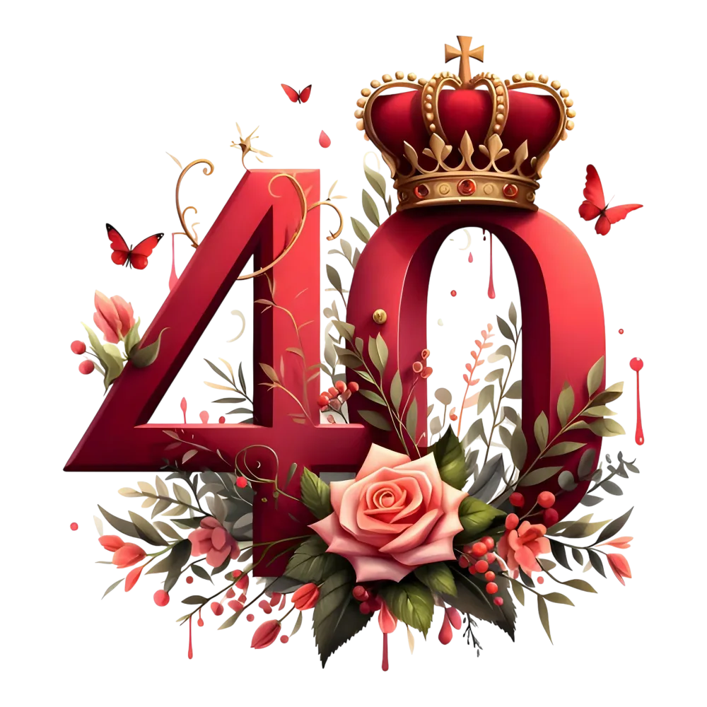 Elegant 40th Anniversary with Crown, Roses, and Butterflies