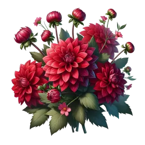 Red Dahlia Flower Bouquet with Green Leaves