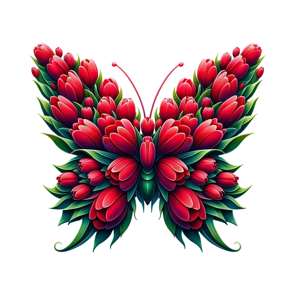 Butterfly Shaped Red Flower and Green Leaf Design