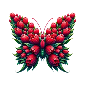 Butterfly Shaped Red Flower and Green Leaf Design