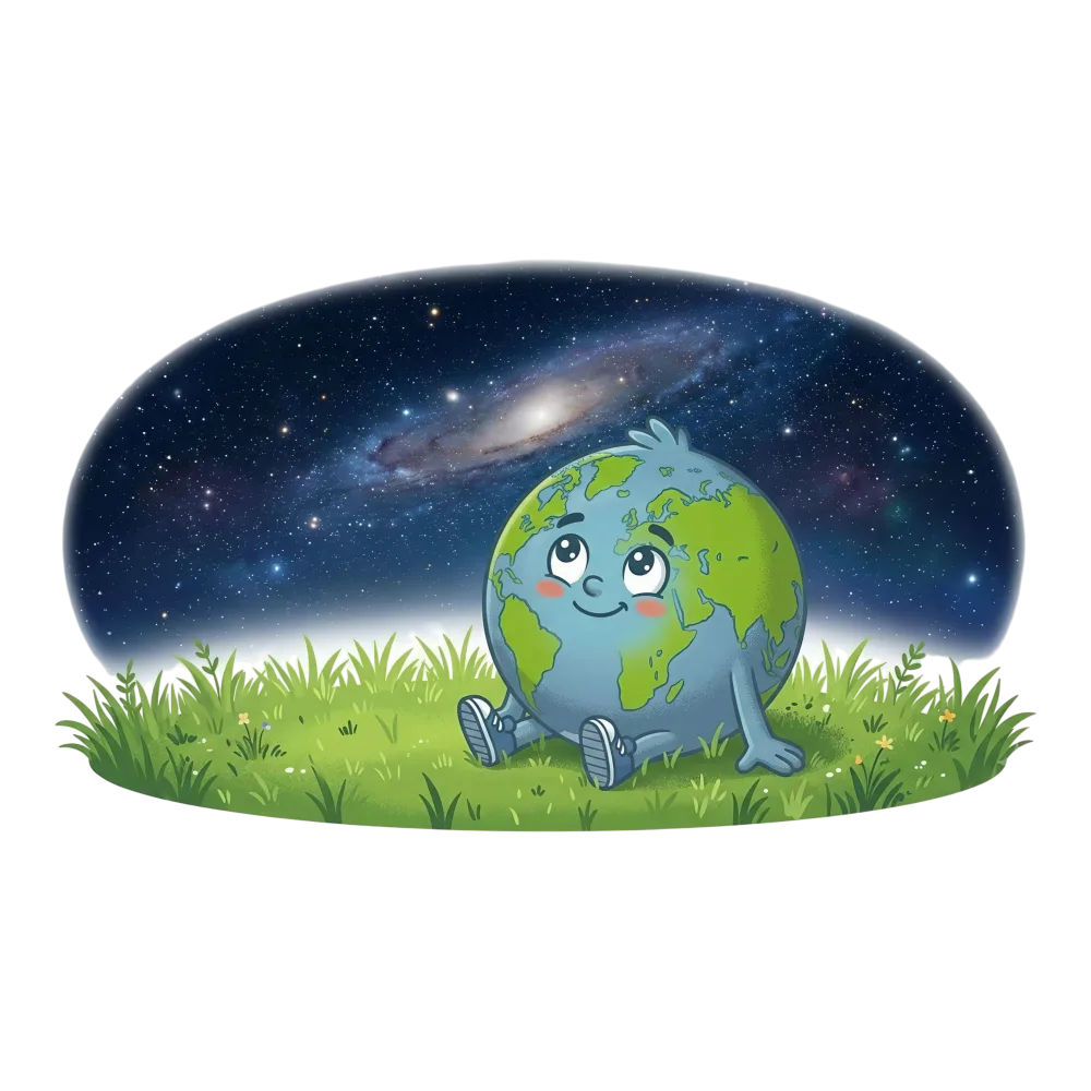 Cute Earth Character Sitting on Grass Under Starry Galaxy Sky