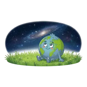 Cute Earth Character Sitting on Grass Under Starry Galaxy Sky
