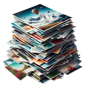 Stack of Colorful Travel Photographs with Hot Air Balloons and Beach Scenes