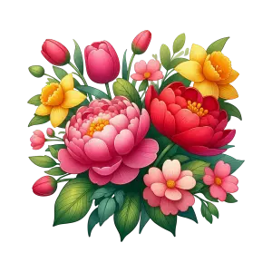 Colorful Floral Bouquet with Peonies, Tulips, Daffodils, and Blossoms