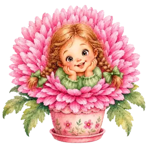 Cute Girl with Braids Inside Large Pink Flower Pot