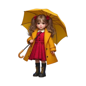 Cute Little Girl in Yellow Raincoat Holding Umbrella