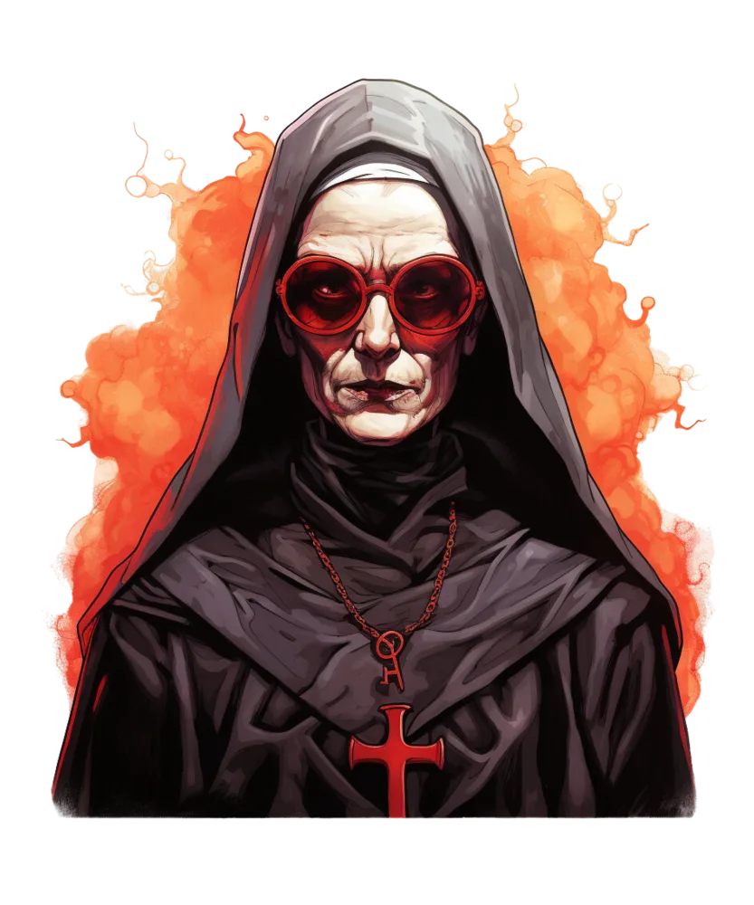 Gothic Nun with Red Sunglasses and Fiery Background