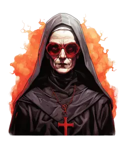 Gothic Nun with Red Sunglasses and Fiery Background
