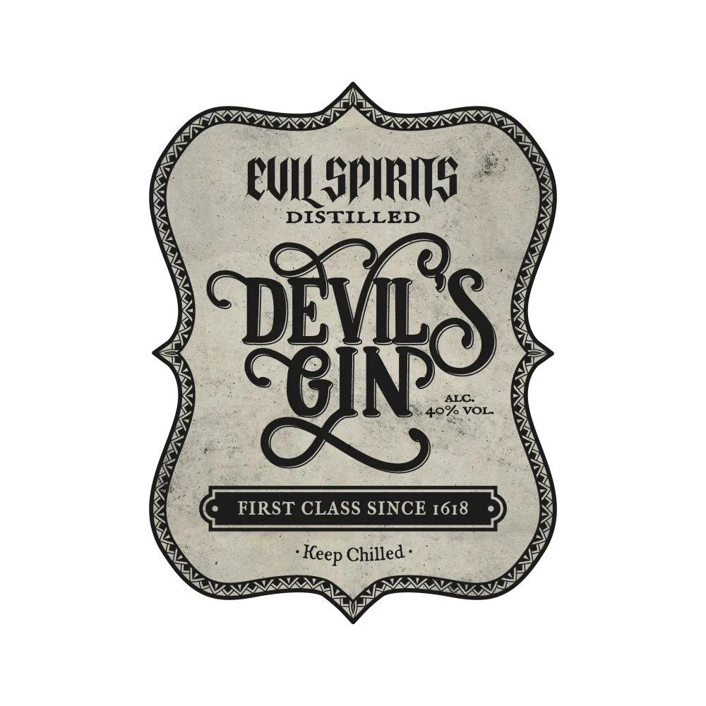 Vintage Style Devil's Gin Label with Ornate Border