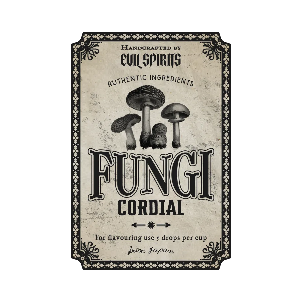 Vintage Fungi Cordial Label with Mushroom Illustrations