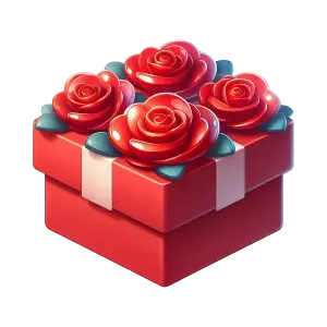 Red Gift Box with Four Red Roses and Green Leaves