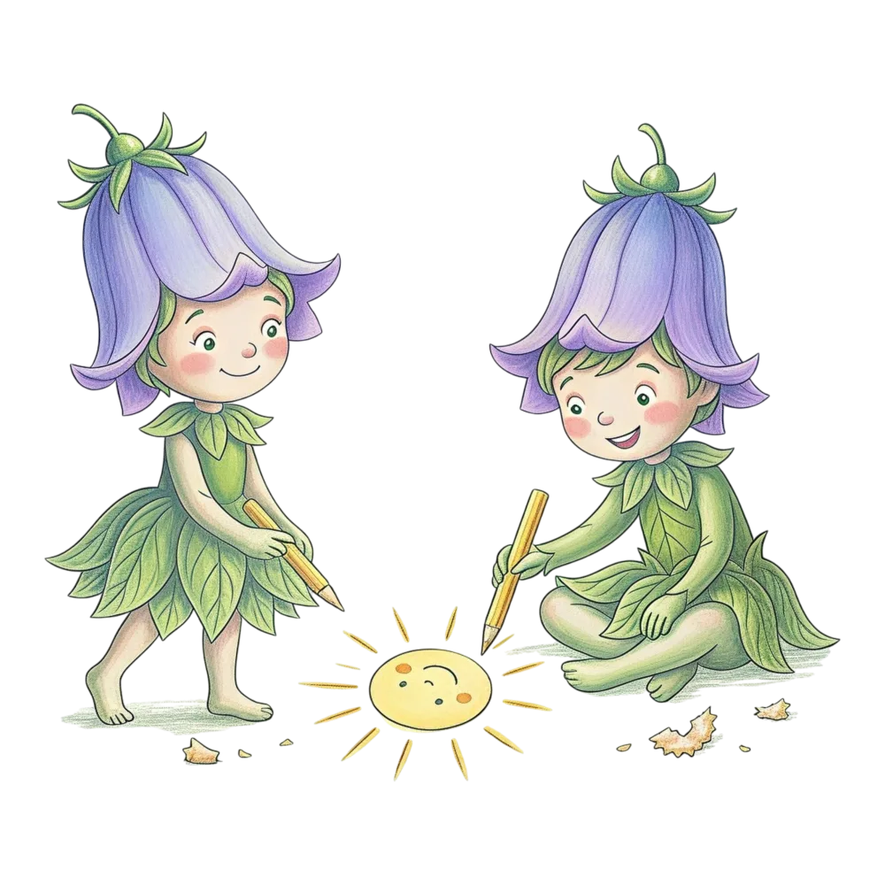 Illustration of Two Elf Children Drawing a Sun