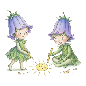 Illustration of Two Elf Children Drawing a Sun