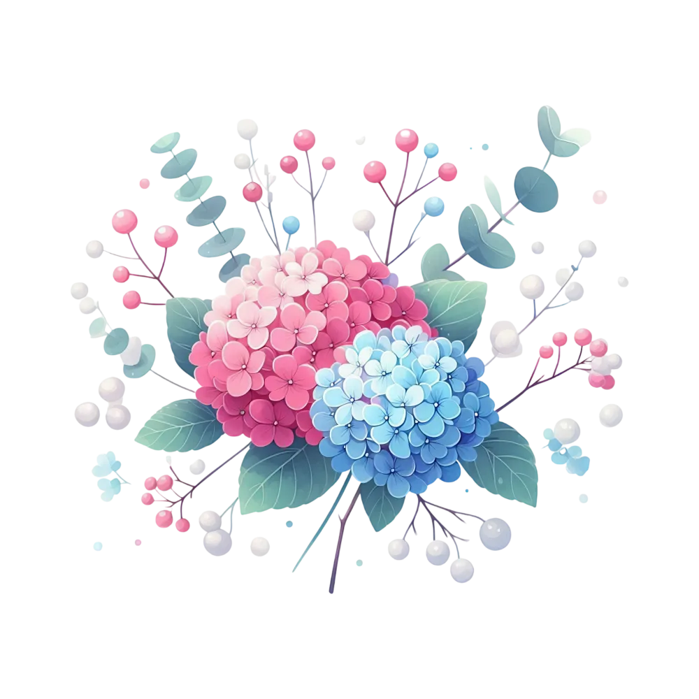 Pink and Blue Hydrangea Floral Bouquet with Green Leaves and Berries