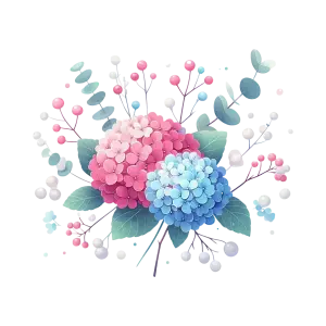 Pink and Blue Hydrangea Floral Bouquet with Green Leaves and Berries