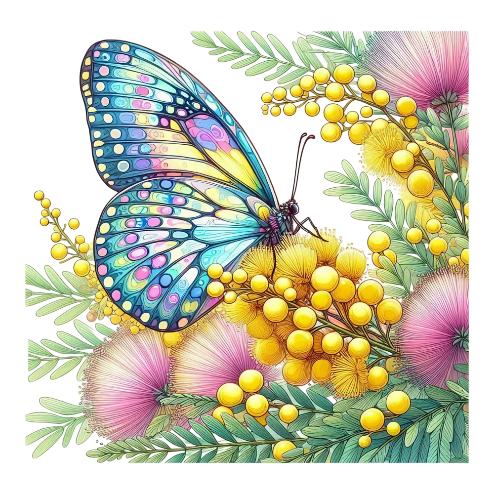 Colorful Butterfly on Vibrant Yellow and Pink Flowers with Green Leaves