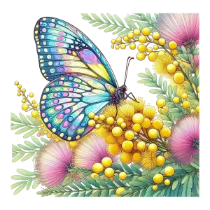 Colorful Butterfly on Vibrant Yellow and Pink Flowers with Green Leaves