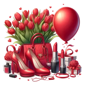 Red Fashion and Gift Collection with Tulips and Balloon