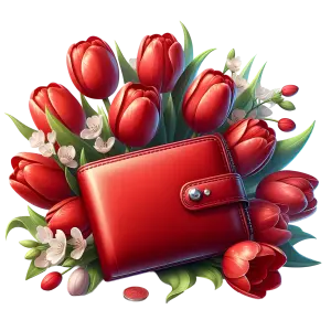 Red Leather Wallet Surrounded by Red Tulips and White Flowers