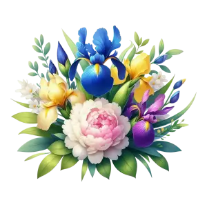 Colorful Bouquet of Irises and Peony Flowers