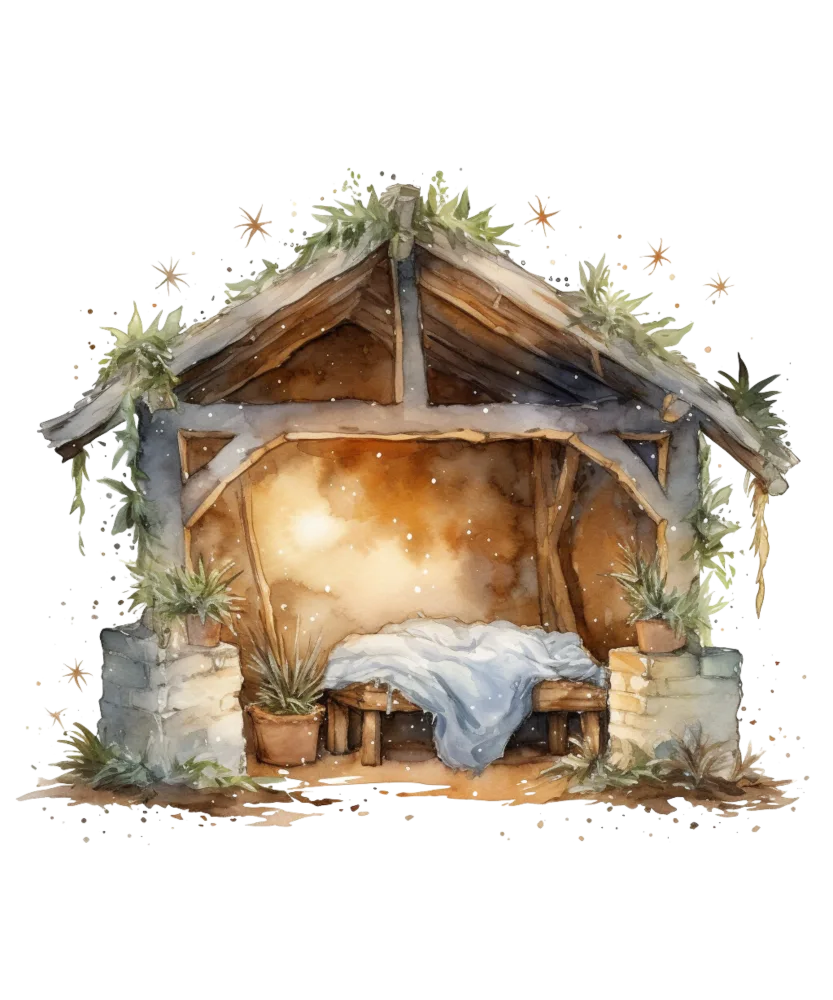 Watercolor Stable Shelter with Plants and Draped Cloth