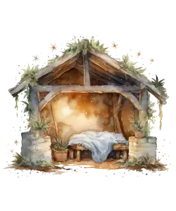 Watercolor Stable Shelter with Plants and Draped Cloth