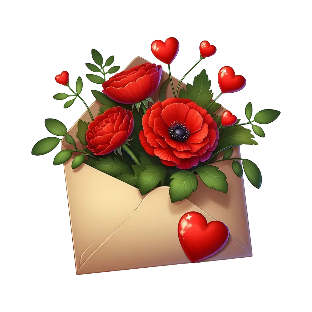 Envelope with Red Flowers and Heart Shapes