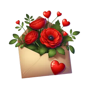 Envelope with Red Flowers and Heart Shapes