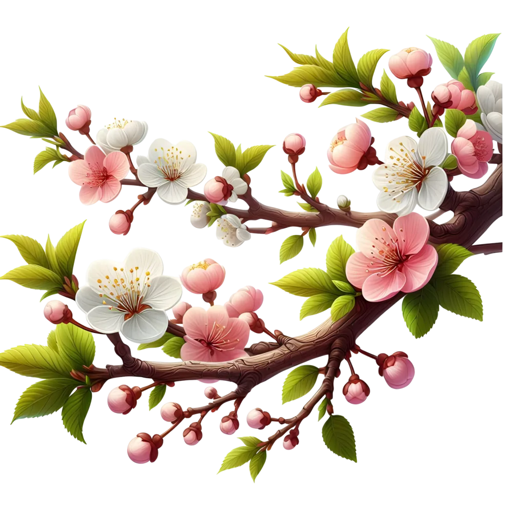 Flowering Cherry Blossom Branch with Pink and White Flowers
