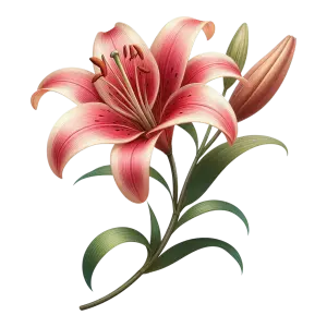 Pink Lily Flower with Leaves and Bud PNG