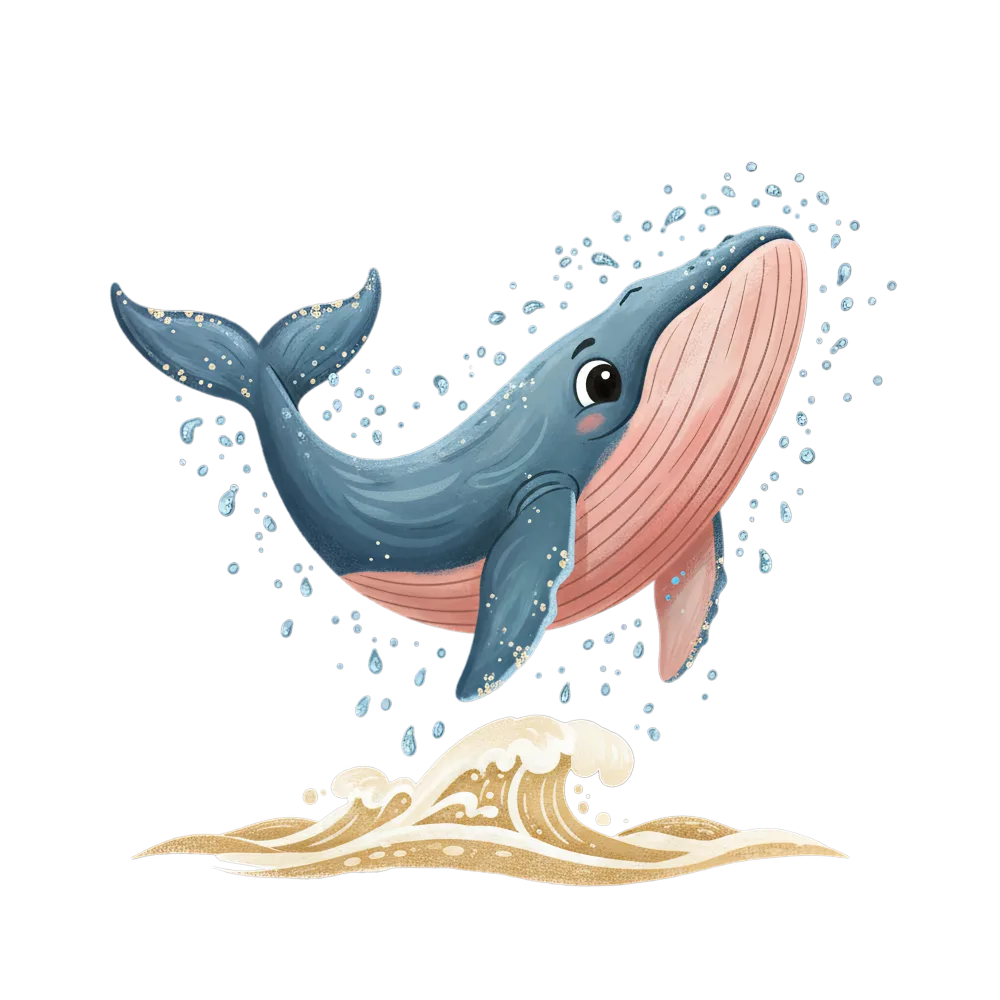 Cute Cartoon Blue Whale Jumping Over Sea Wave