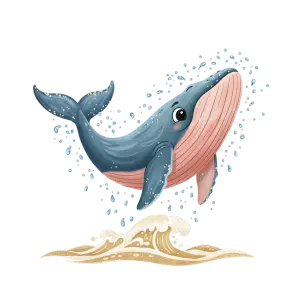 Cute Cartoon Blue Whale Jumping Over Sea Wave