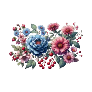 Colorful Bouquet of Pink and Blue Flowers with Red Berries