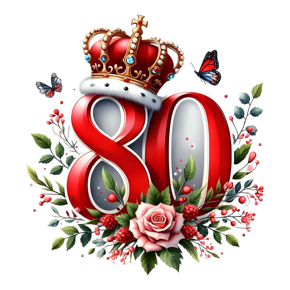 80th Anniversary Red Number with Crown and Floral Design