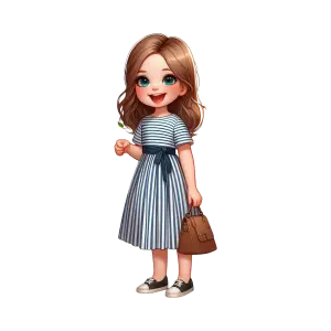 Cute Cartoon Girl in Blue Striped Dress with Handbag