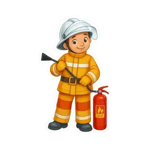 Cartoon Firefighter in Protective Gear with Fire Extinguisher