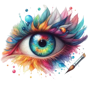 Colorful Artistic Eye Painting with Feathers and Brush
