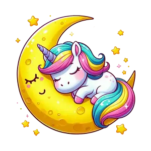 Sleeping Unicorn on Crescent Moon with Stars