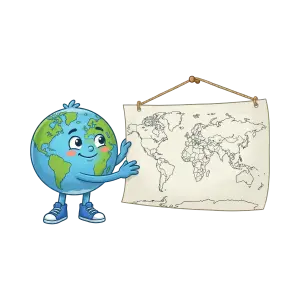 Cartoon Earth Character Pointing at Hanging World Map