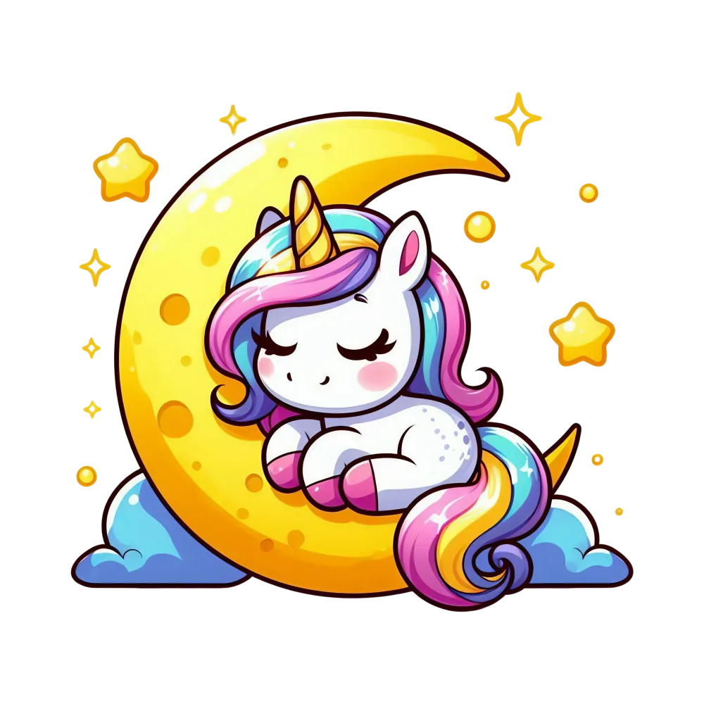 Cute Sleeping Unicorn on Crescent Moon with Stars
