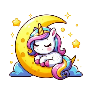 Cute Sleeping Unicorn on Crescent Moon with Stars
