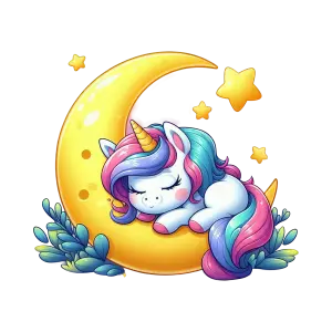 Sleeping Unicorn on Crescent Moon with Stars