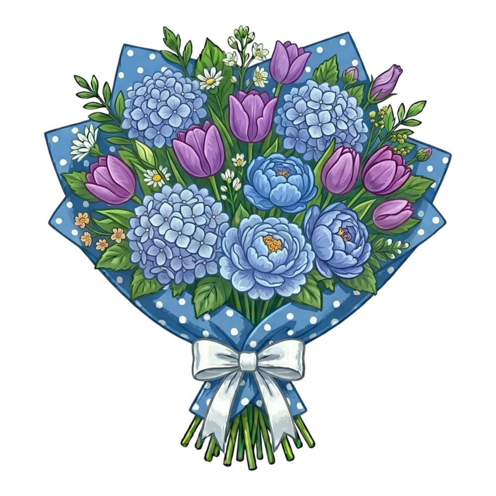Floral Bouquet with Blue Hydrangeas and Purple Tulips