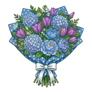 Floral Bouquet with Blue Hydrangeas and Purple Tulips