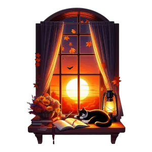 Cozy Autumn Sunset Window Scene with Cat and Lantern